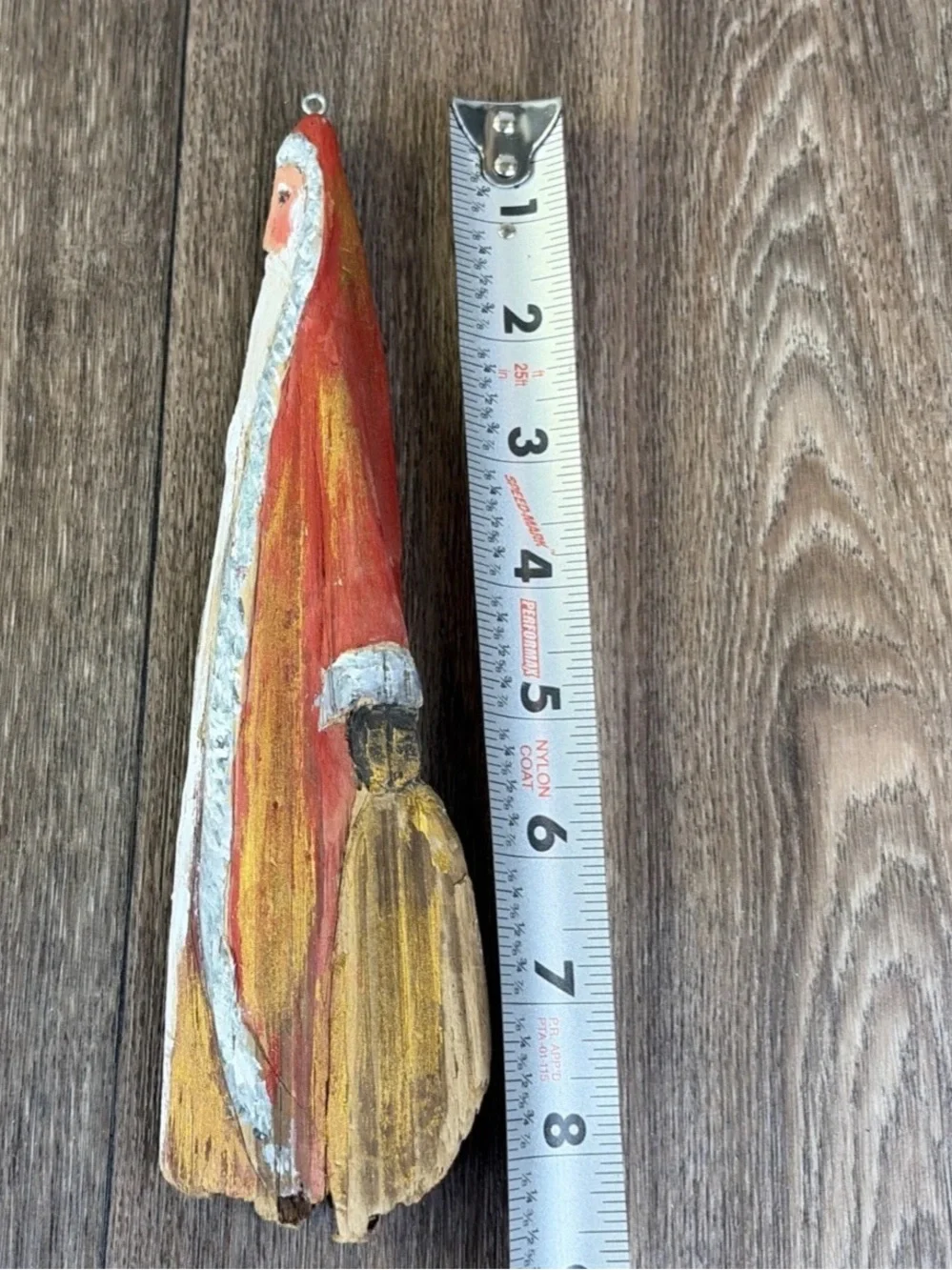 Vintage Hand Painted Folk Art Driftwood Santa Wood Rustic Ornament 8.5